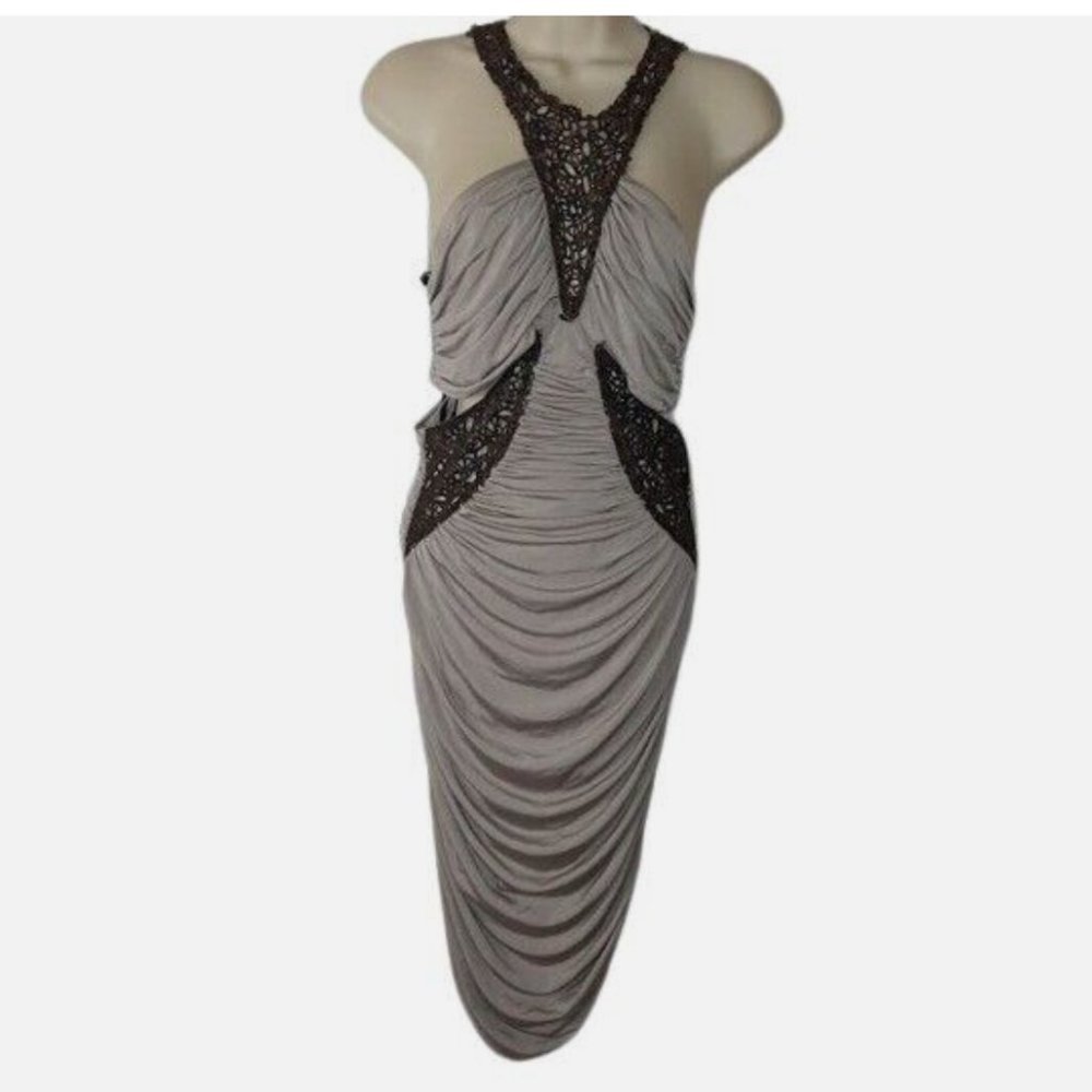 Bebe Women's Bodycon Dress Gray Brown Leather Cut Out Ruched Mini